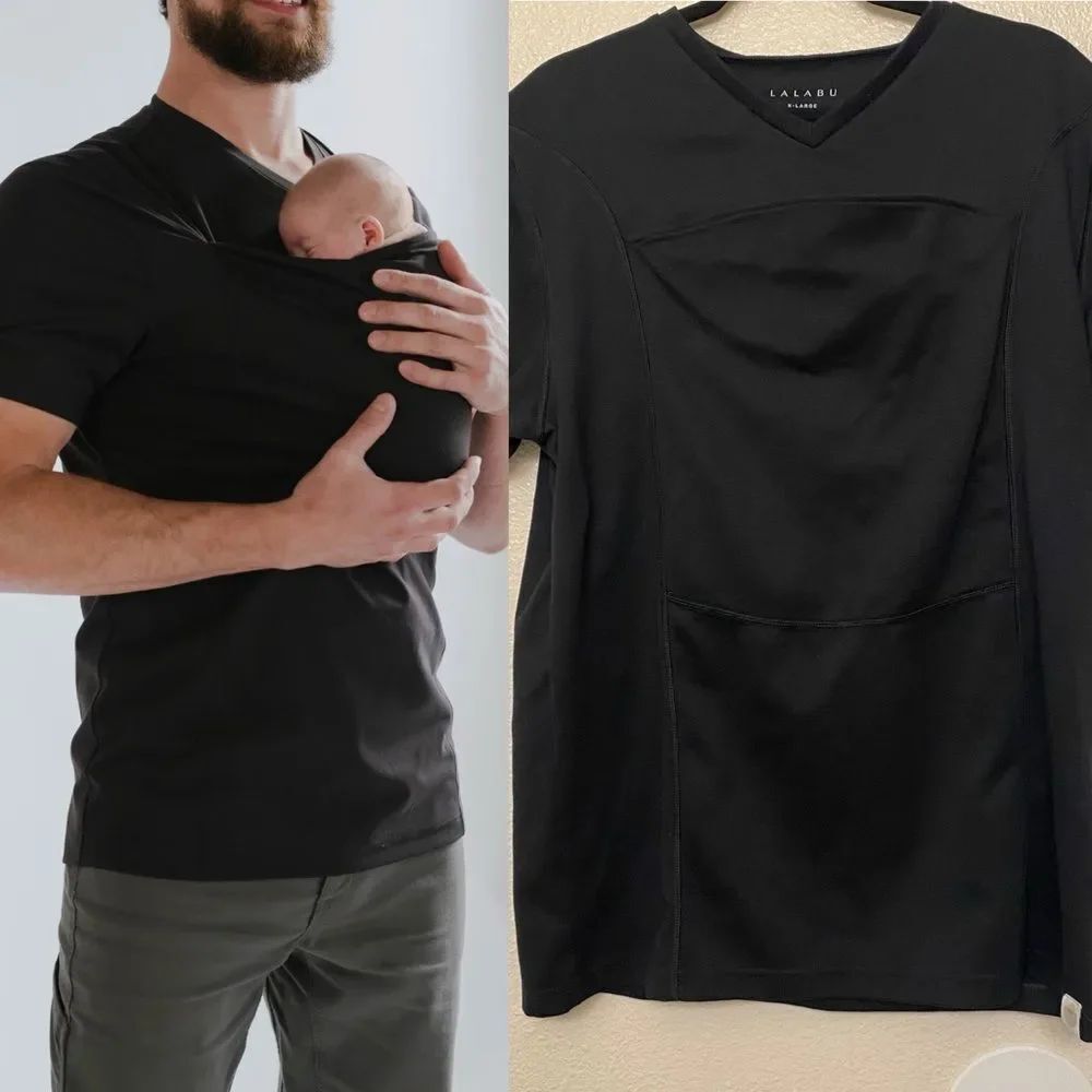Lalabu Babywearing newborn Dad t Shirt black kangaroo v neck carrier XL